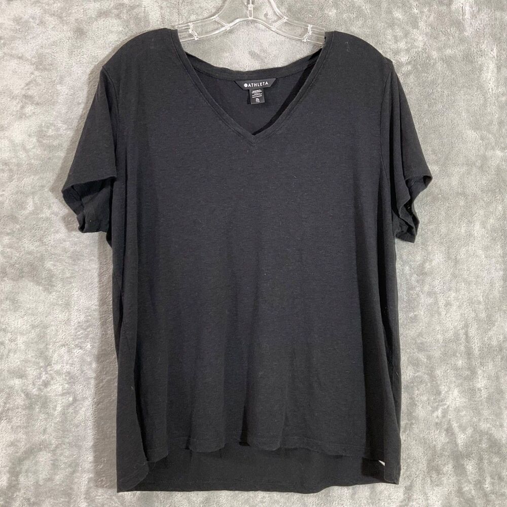 Athleta Getaway Linen Blend V-neck Top Tee XL Black yoga travel minimalist EUC